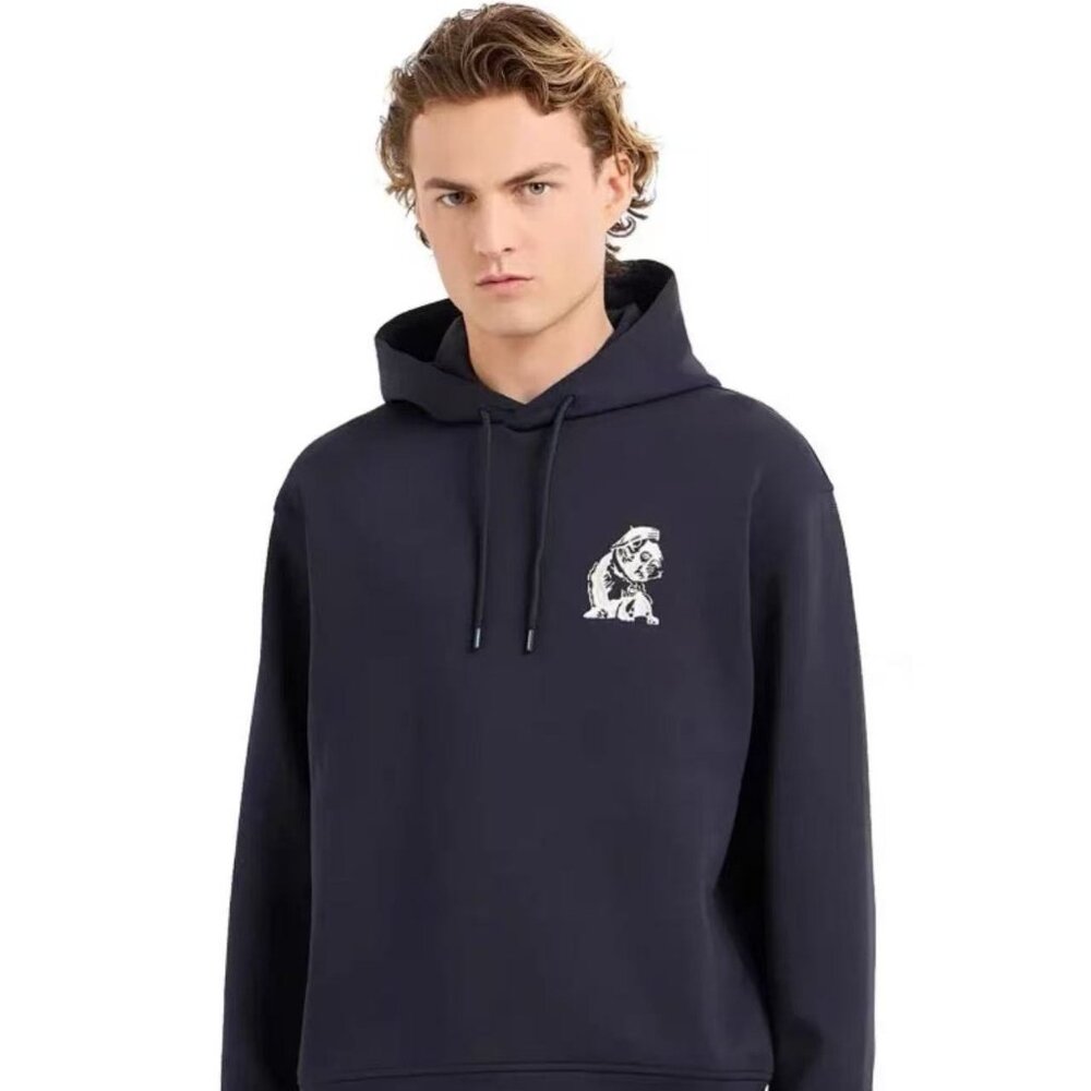 Emporio Armani Men's Double Jersey Hooded Sweatshirt French Bulldog Embroidery